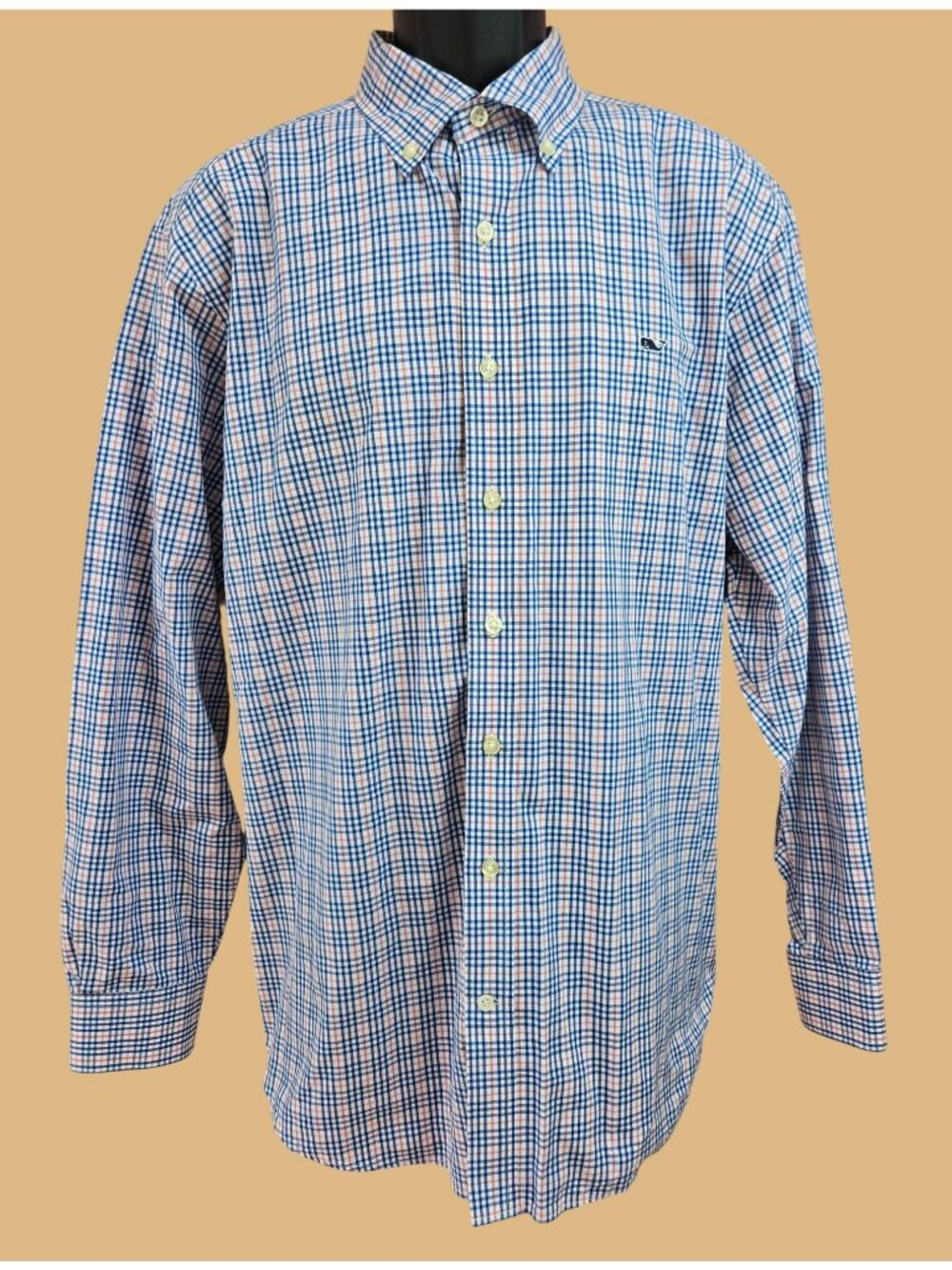 Vineyard Vines Mens Slim Fit Blue-Pink Check Whale Shirt XL